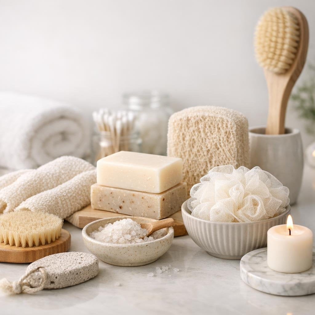 Bath accessories set with sponge, brush, and pillow