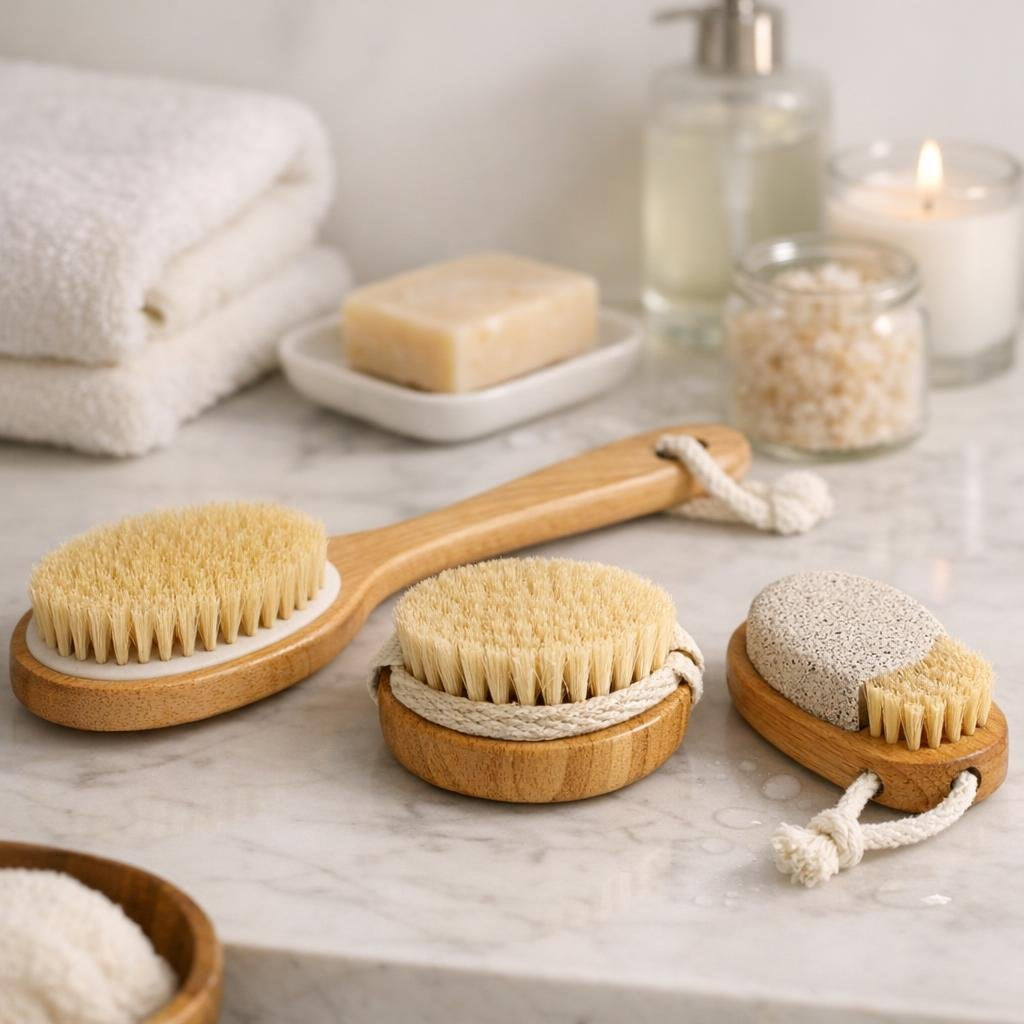 Long-handle bath and body brush for exfoliation