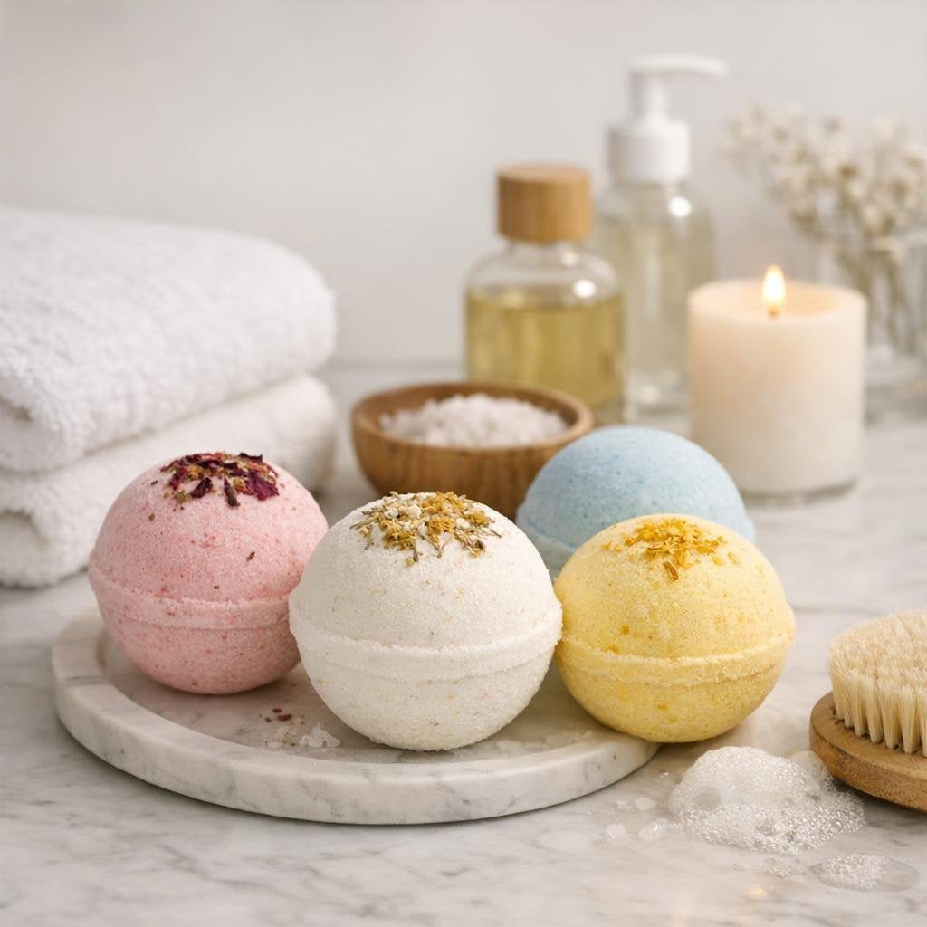 Assorted bath bombs for calming aromatherapy soaks