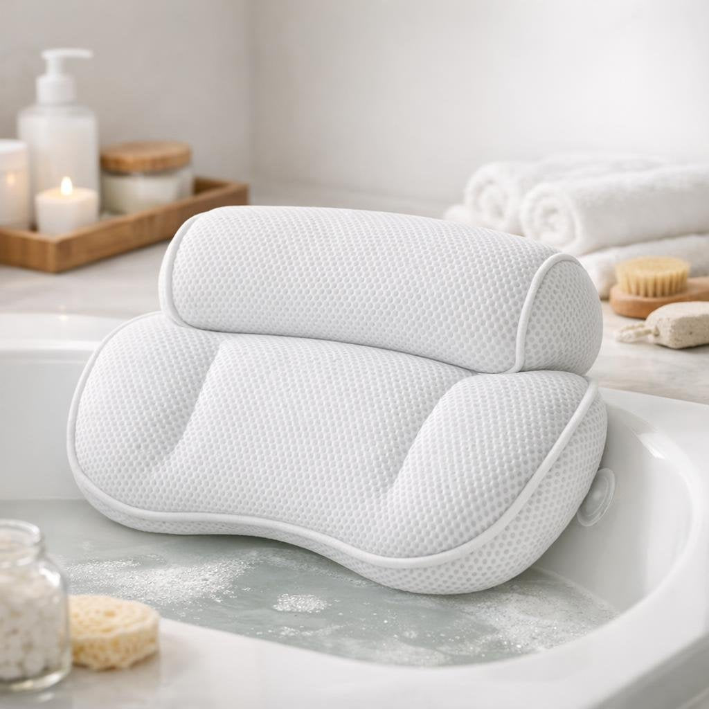 Ergonomic bath pillow for tub neck support