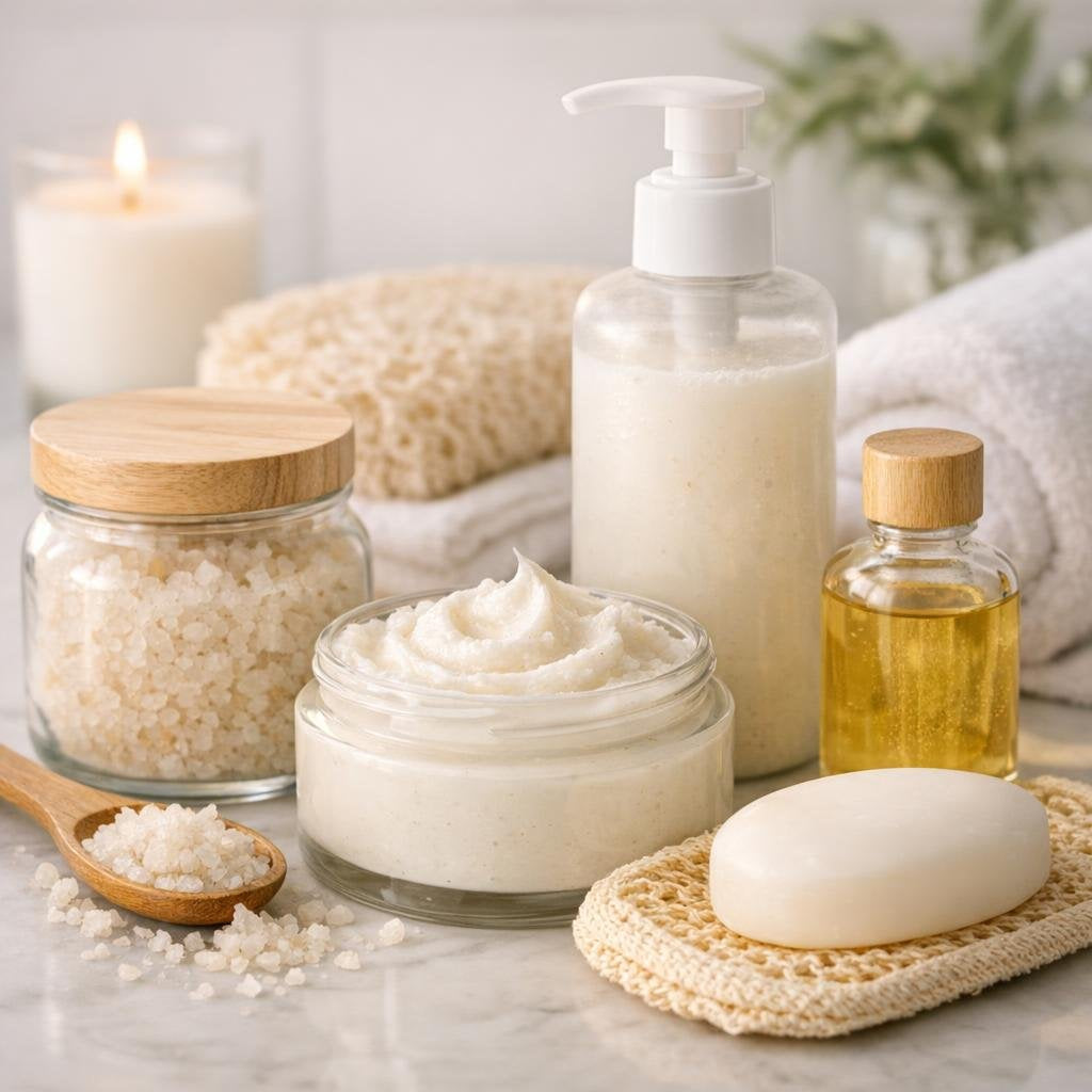 Assorted bath salts, oils, bombs, and accessories
