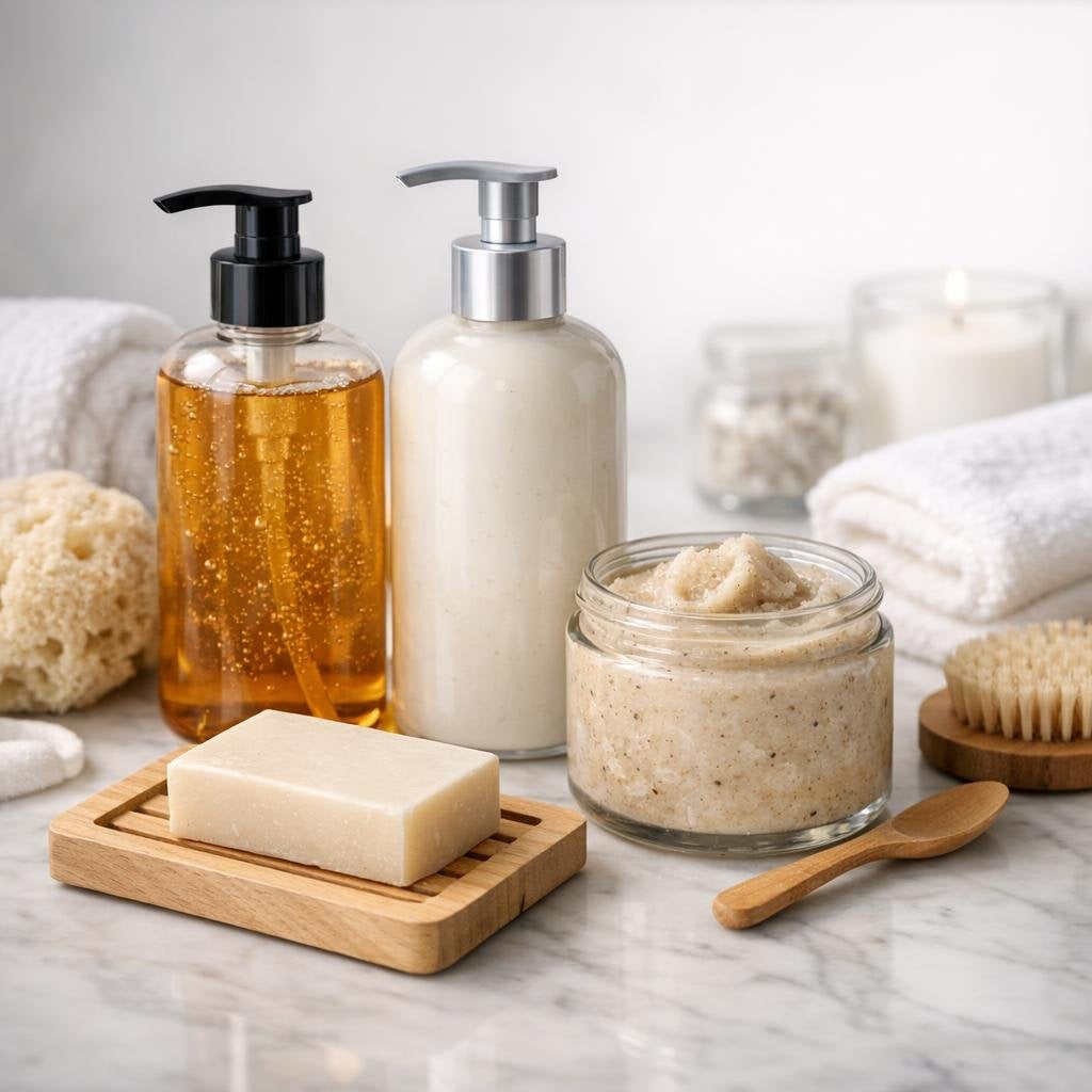 Gift-ready bath and shower set with salts and steamers
