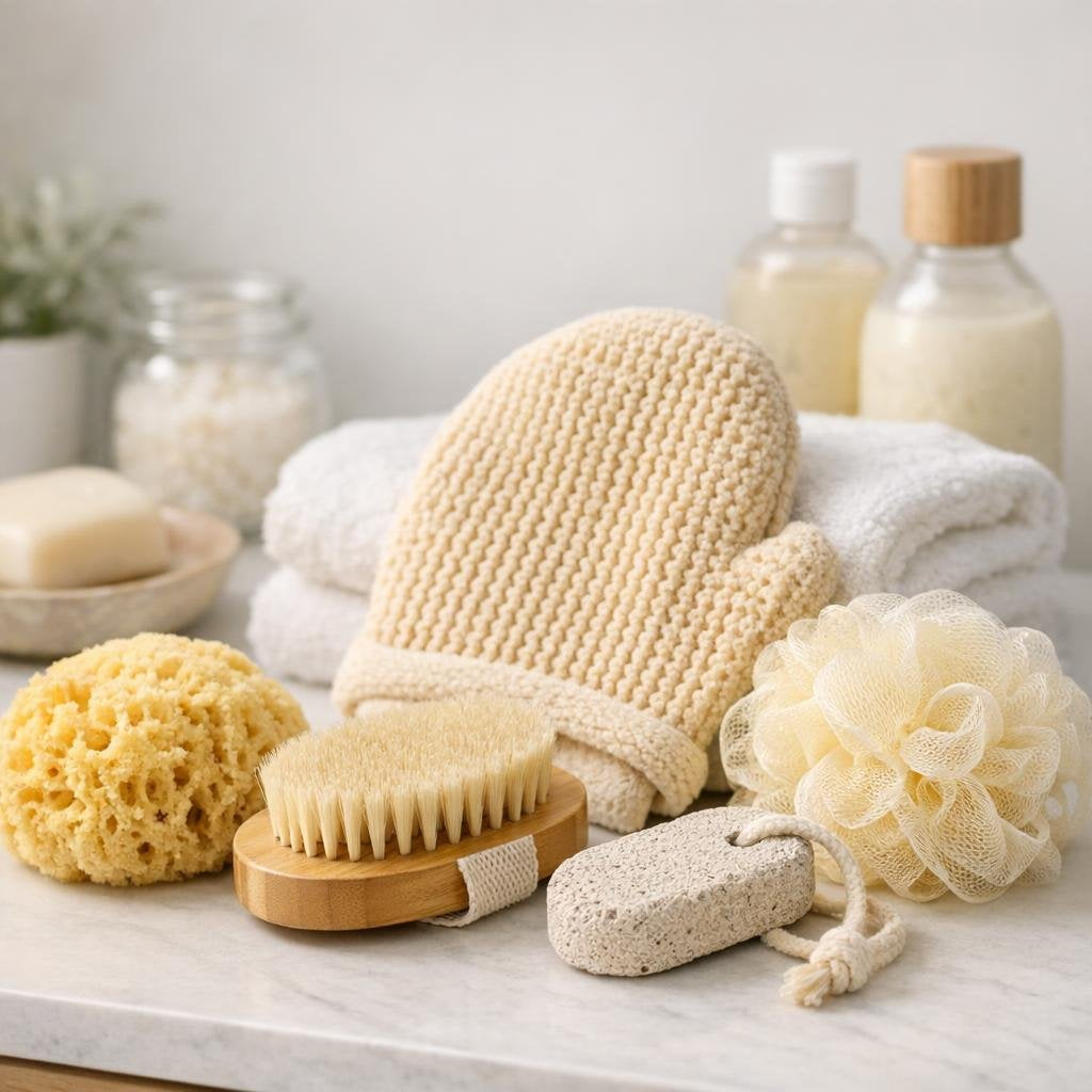 Bathing accessories for shower cleansing and exfoliation