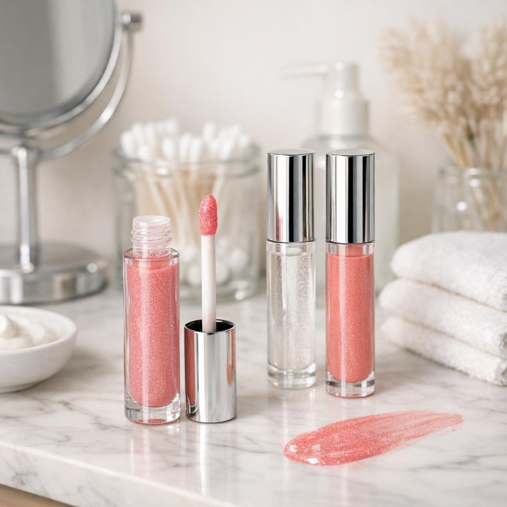 Hydrating lip gloss collection with clear and tinted shades