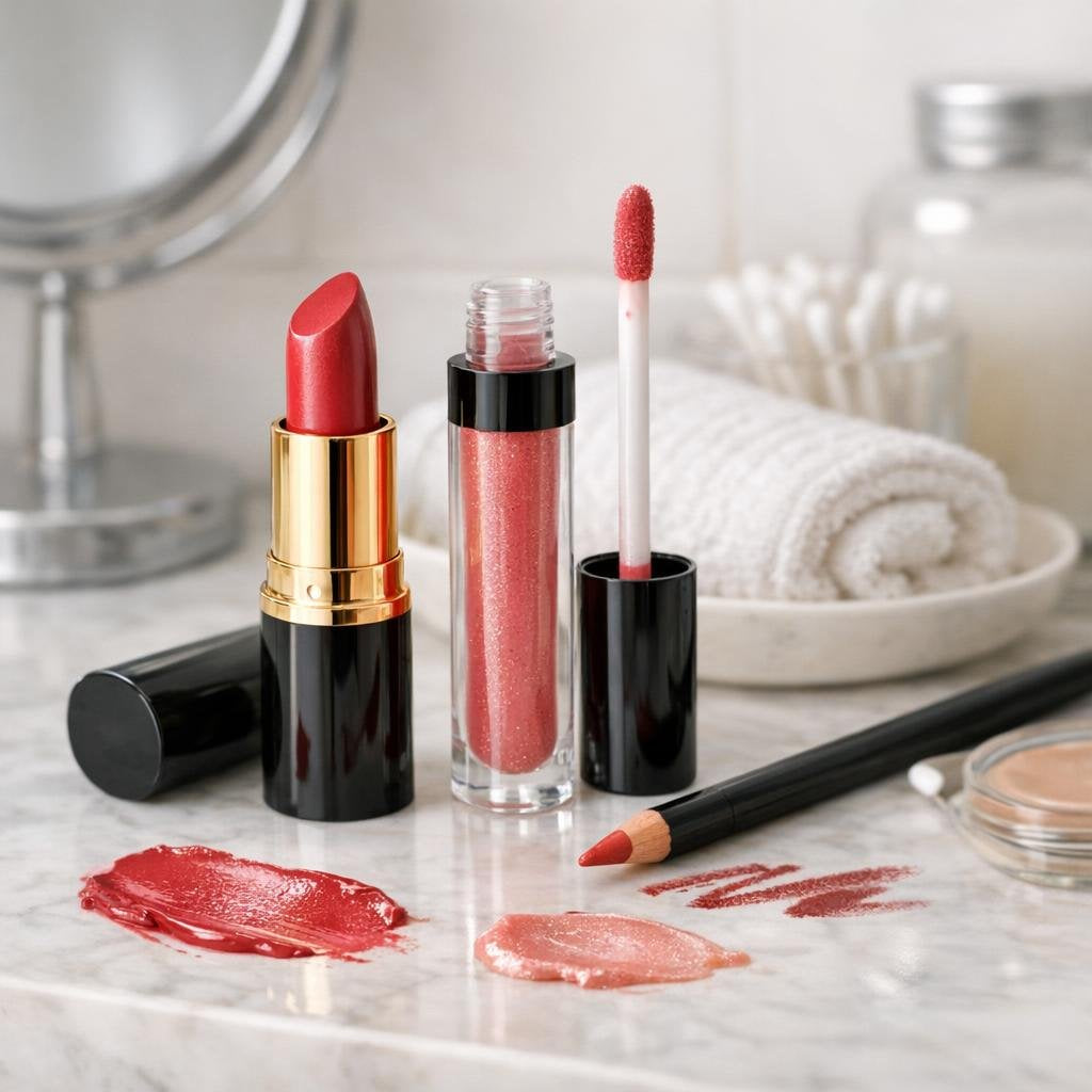 Lip makeup essentials with gloss, liner, stain, and brush