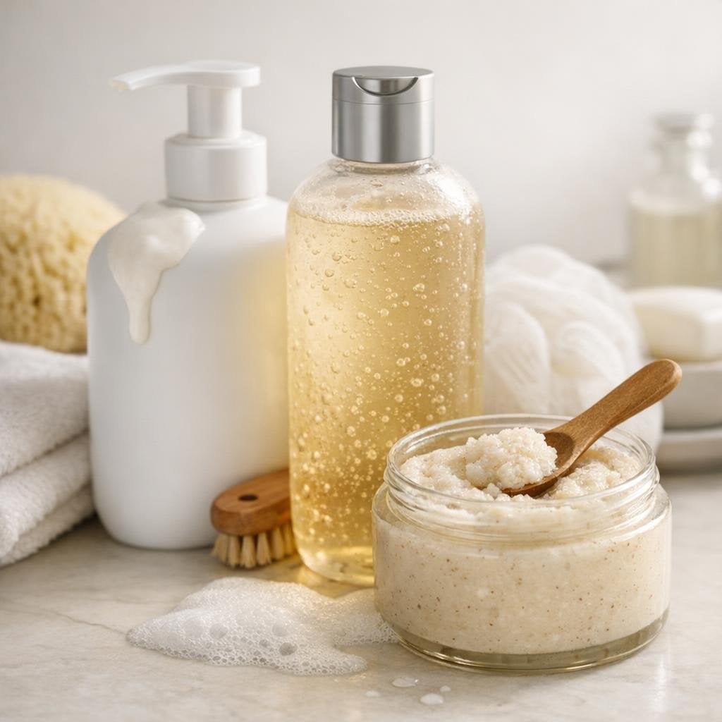 Assorted body cleansers and washes for daily shower care