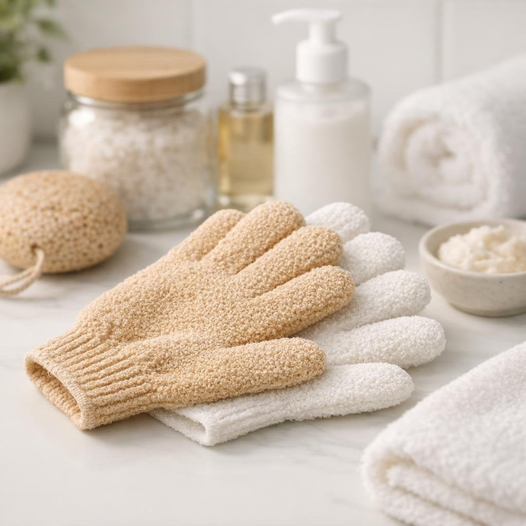 Body exfoliating gloves for smoother shower cleansing