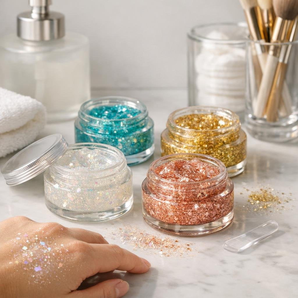Body glitter shimmer on shoulders, arms, and legs