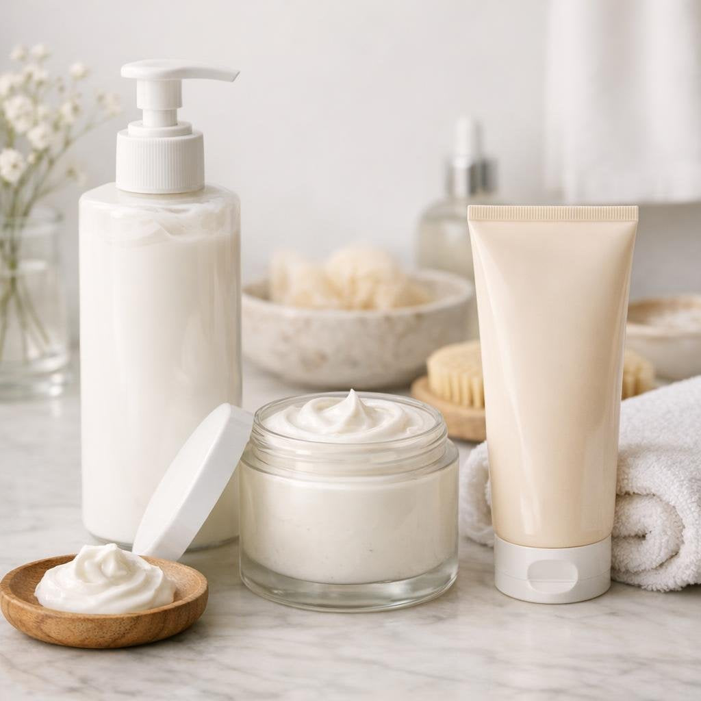 Body moisturizers assortment: lotion, cream, and body butter
