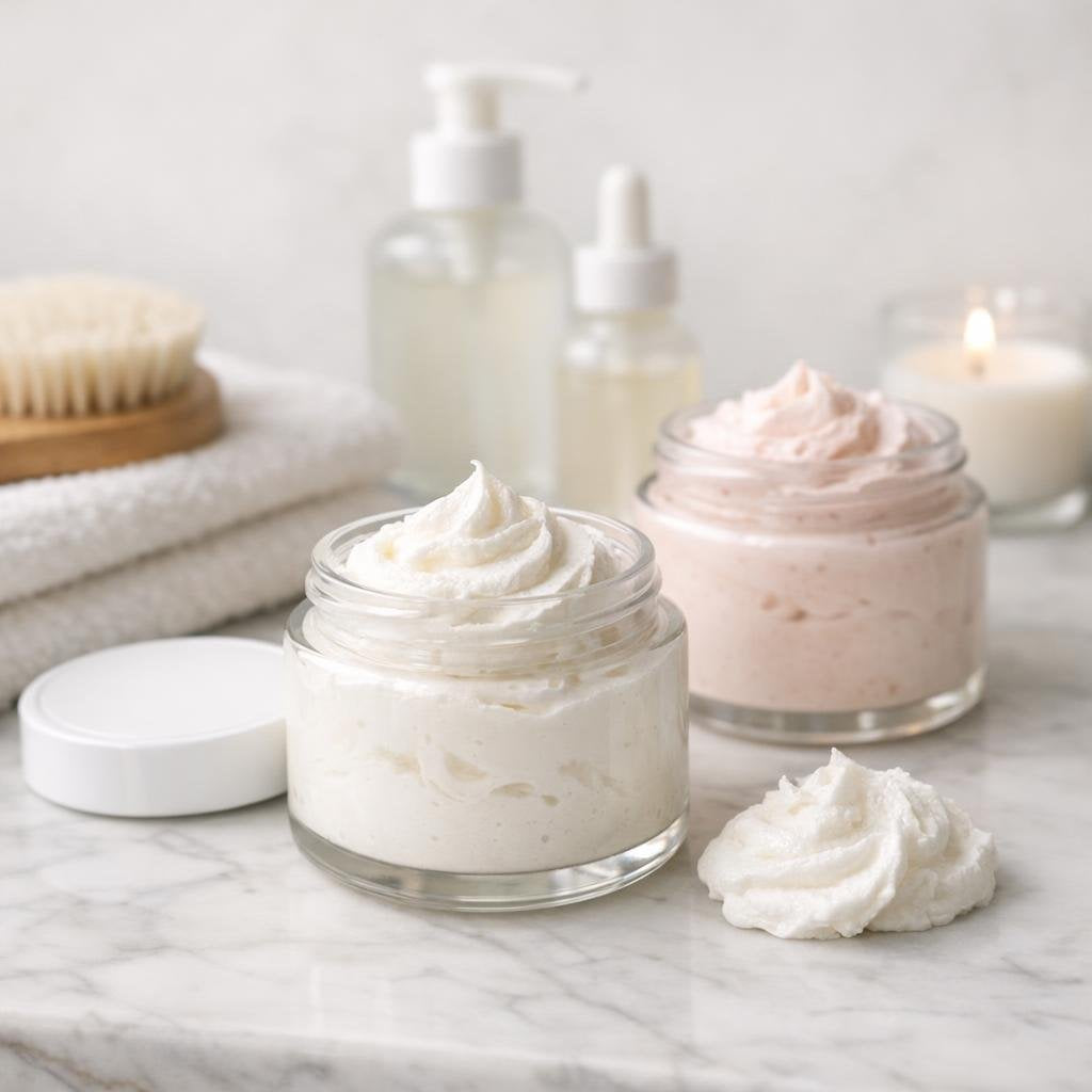 Whipped body mousse texture on skin after shower
