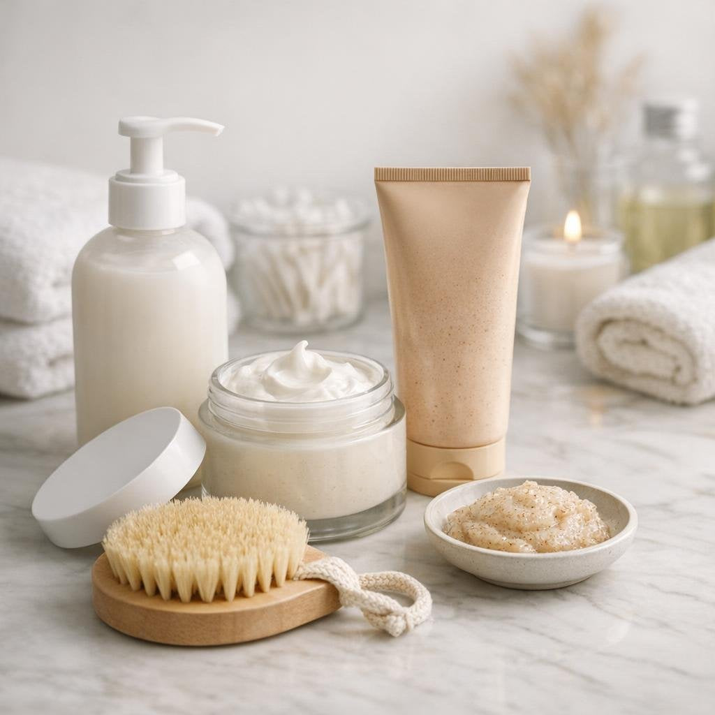 Body wash, body scrub, and body butter trio