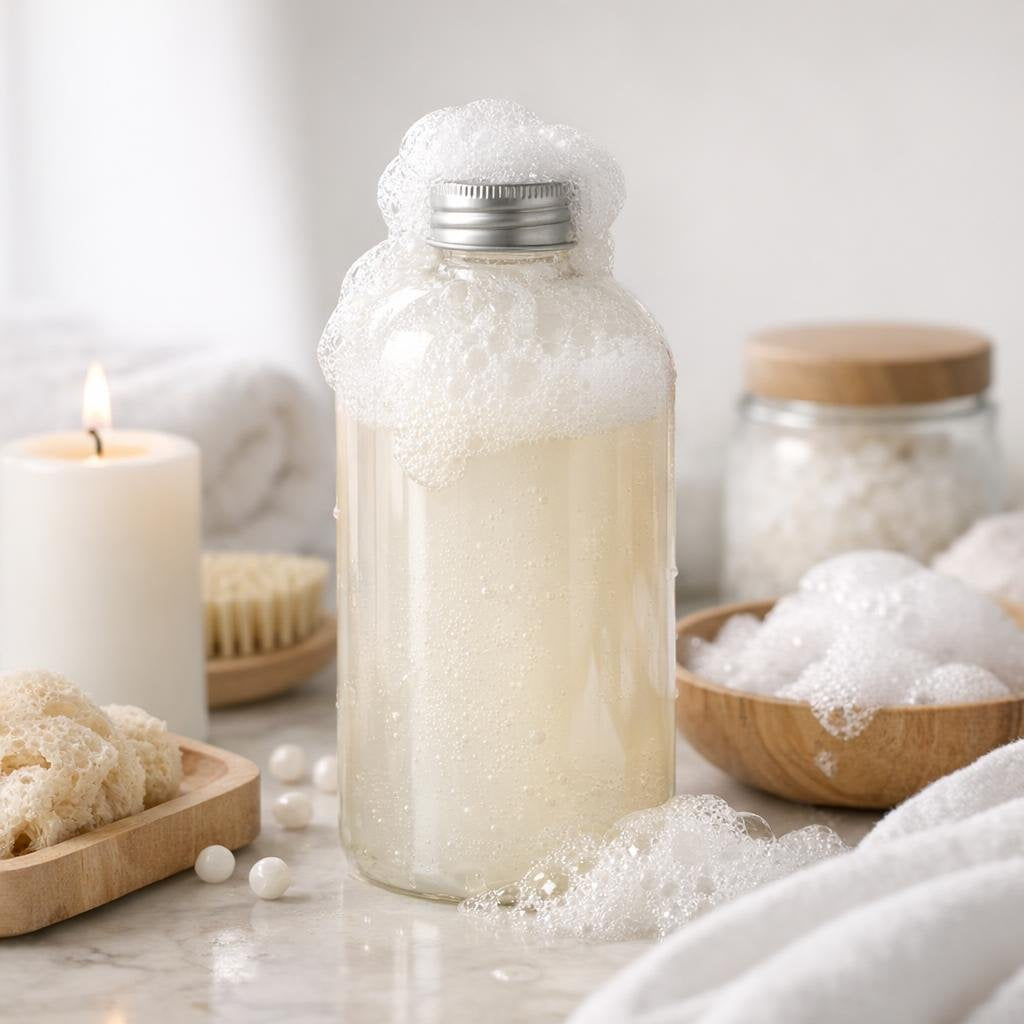 Bubble bath bottles beside a tub with rich foam