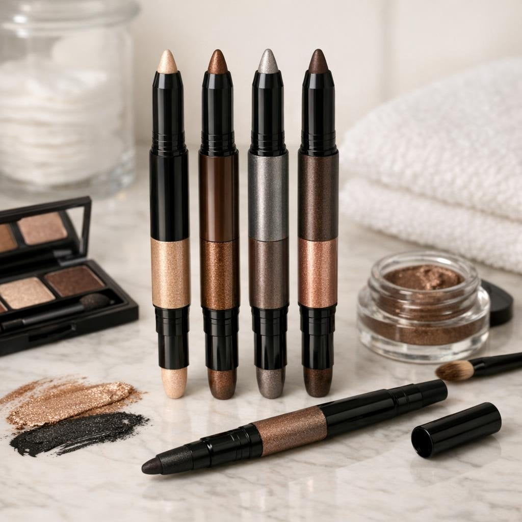 Coordinated eye liner and eyeshadow duo in neutral shades