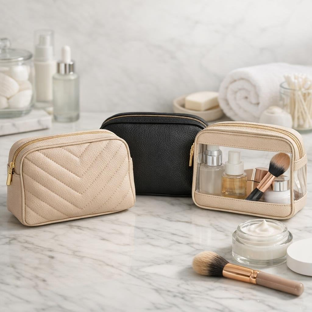 Cosmetic bags and toiletry cases with compartments on a counter