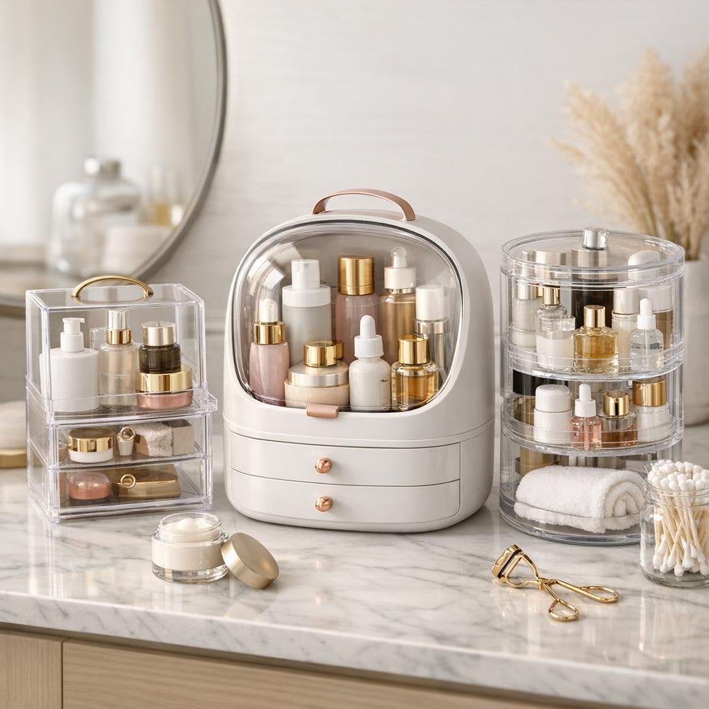 Cosmetic display case with clear compartments for makeup tools