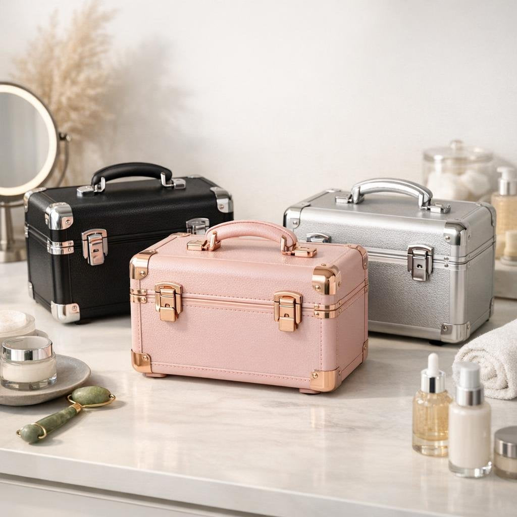 Hard cosmetic train case with adjustable organizer dividers