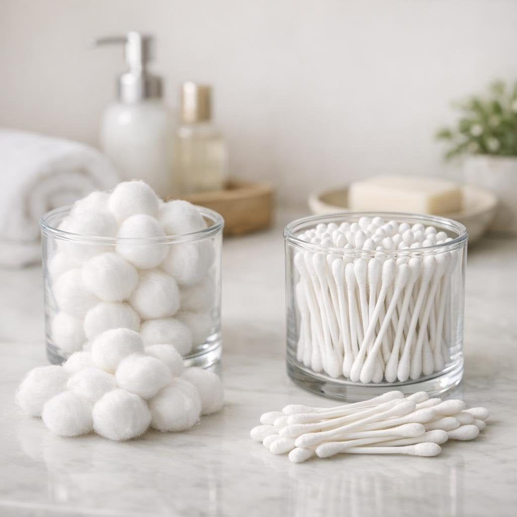 Cotton balls and swabs for skincare and makeup cleanup