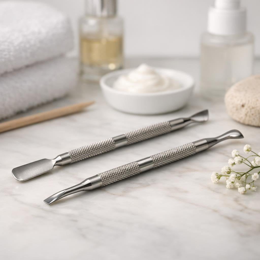 Precision stainless cuticle pusher for clean nail prep
