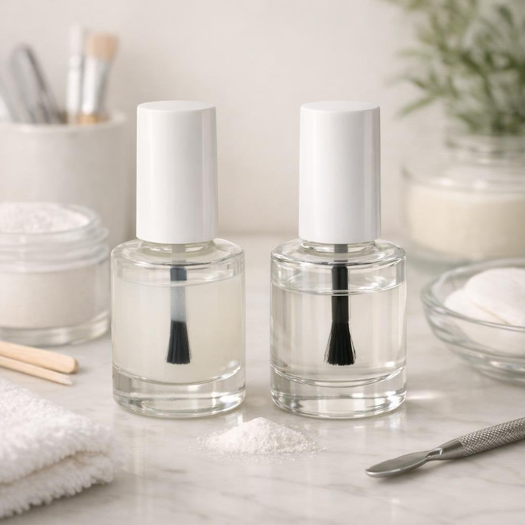 Dip manicure base and top coat bottles for long wear