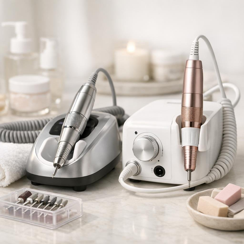 Electric nail drill with handpiece and assorted drill bits