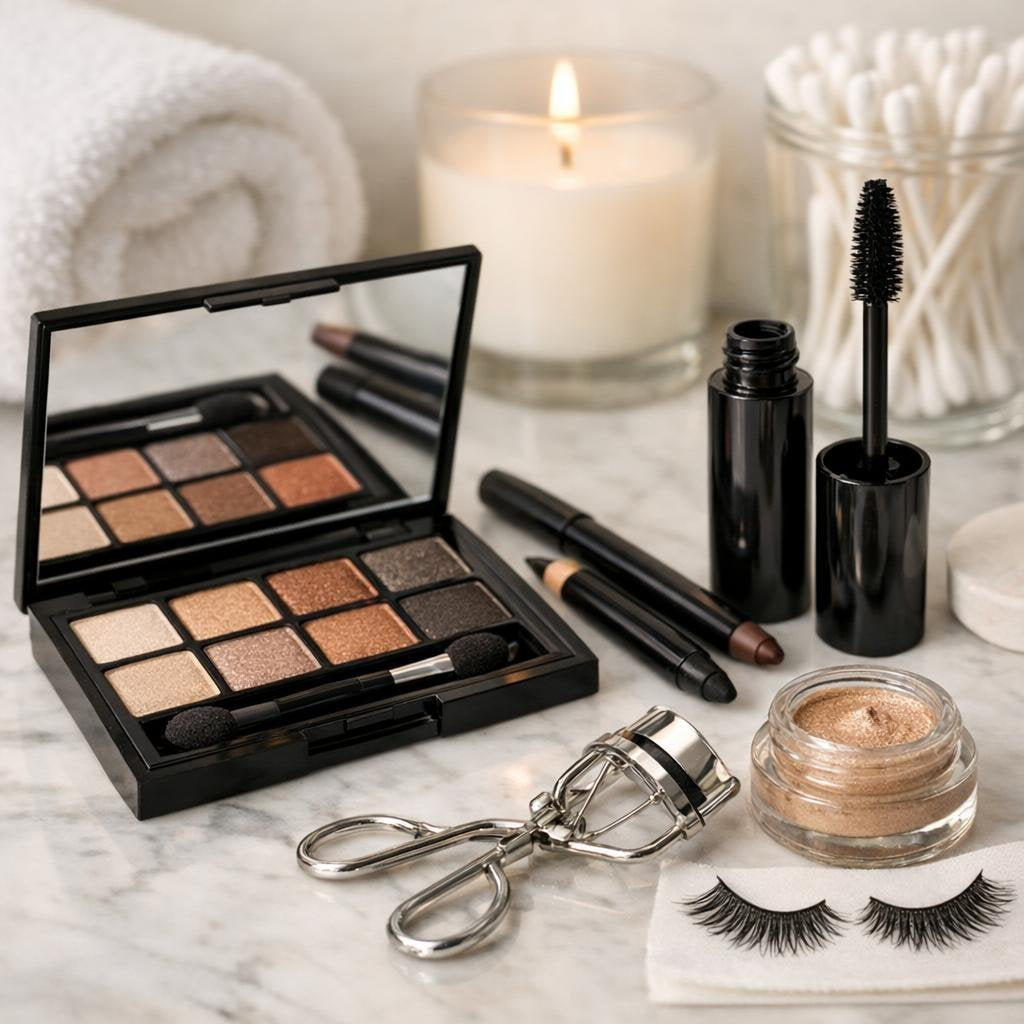 Eye makeup essentials with palettes, brushes, and remover