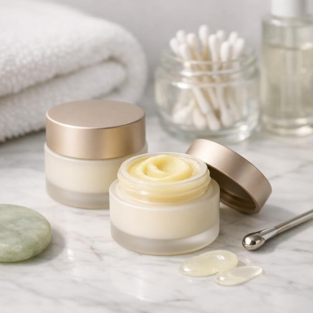 Eye treatment balm jars for smoothing under-eye dryness