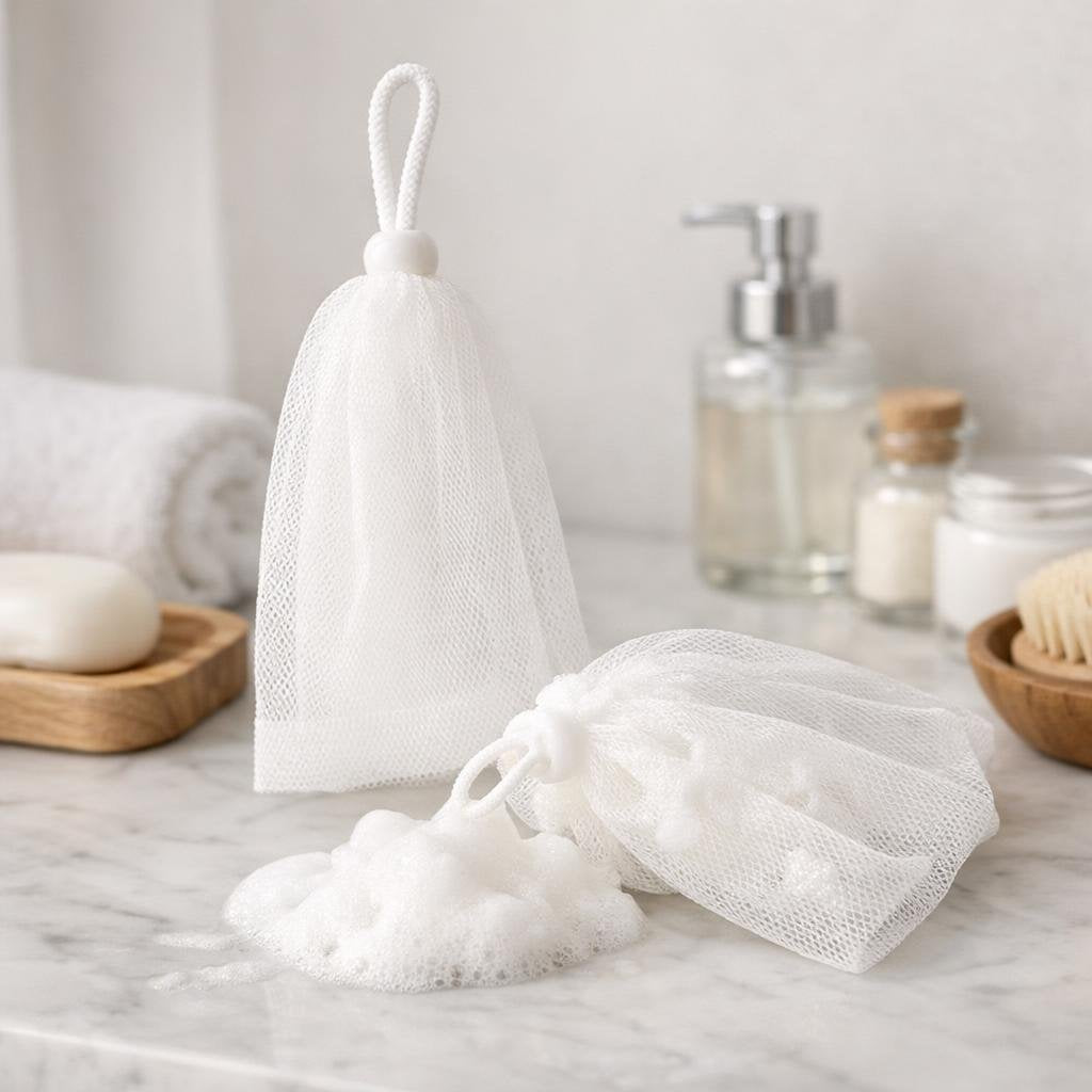 Foaming net creating dense micro-foam for face cleansing