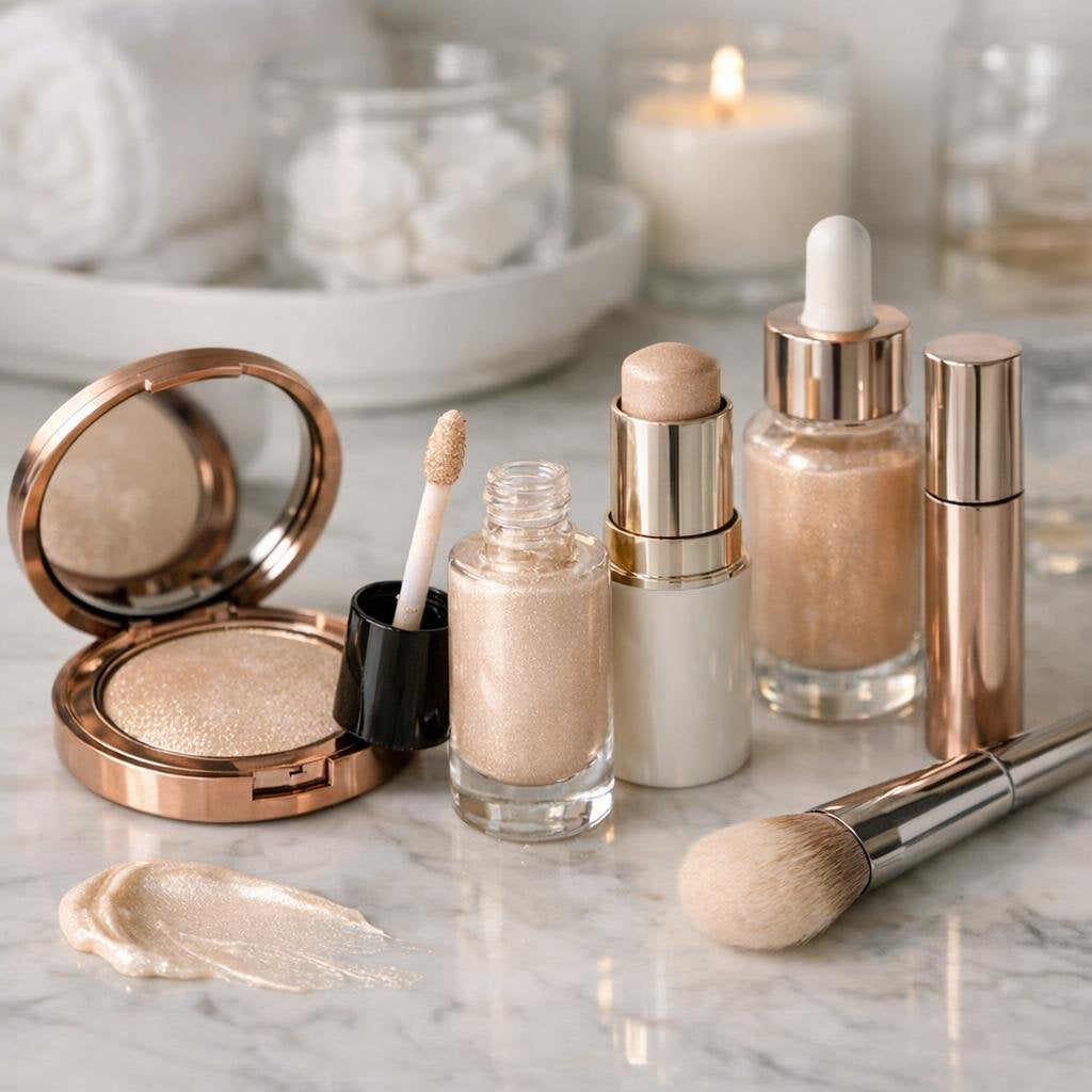 Face highlighters and luminizers for luminous, dimensional glow