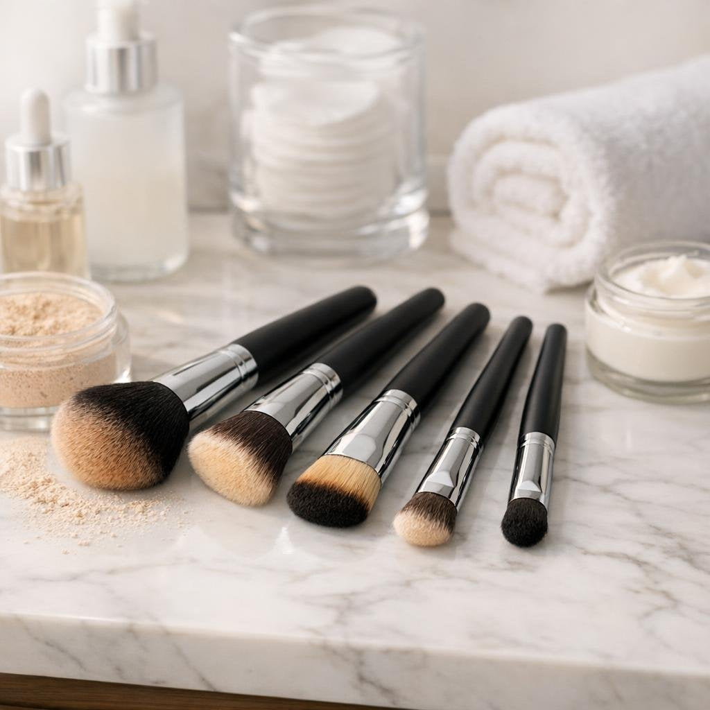 Face makeup brushes for foundation, powder, blush and contour