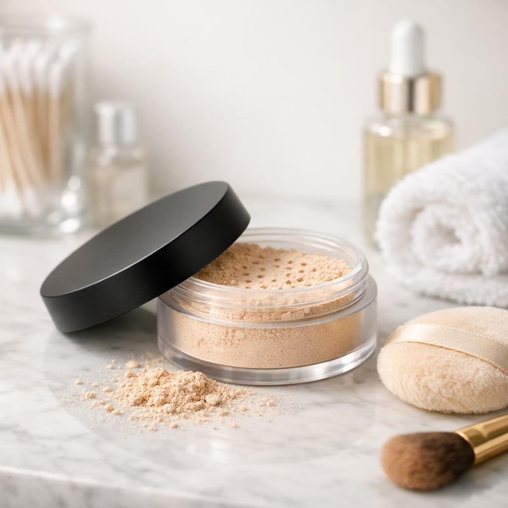 Pressed and loose face powder with puff and brush