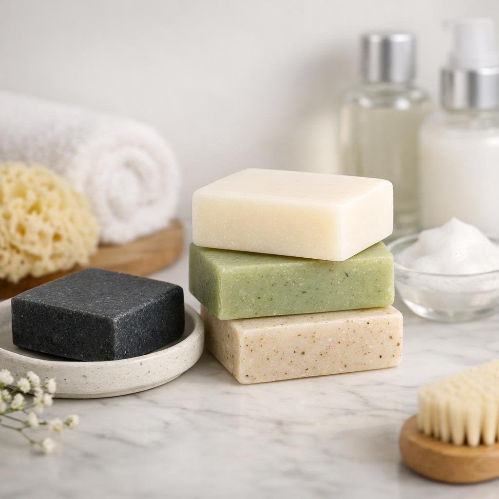 Facial cleansing bars on a draining soap dish