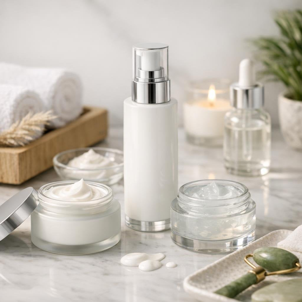 Assorted facial creams and moisturizers in minimalist jars