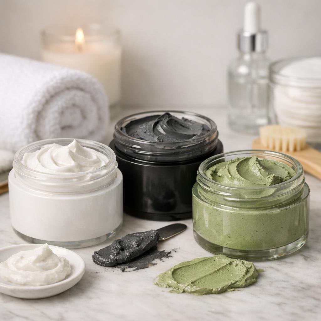 Hydrating and clarifying facial masks in assorted textures