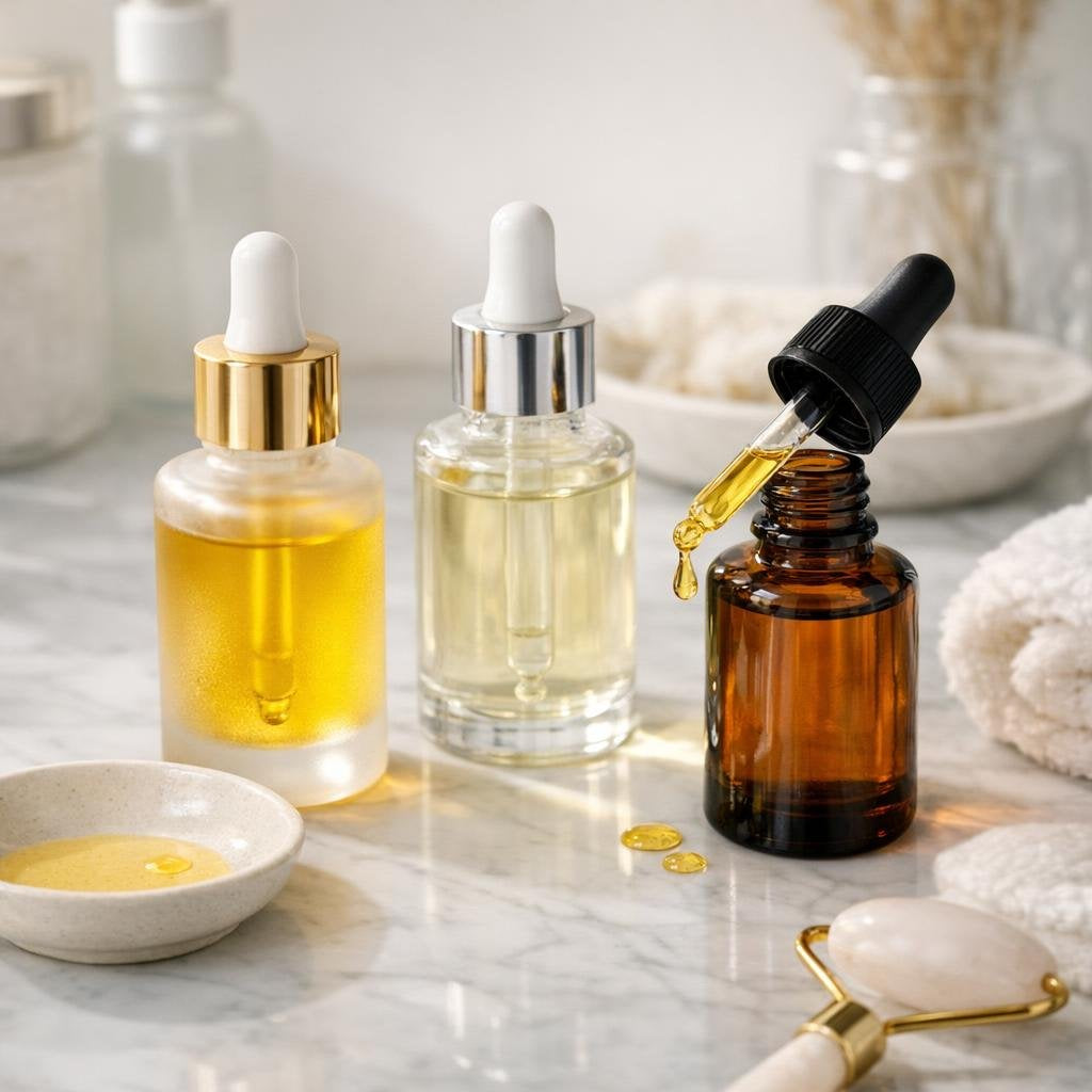 Facial oil droppers and bottles arranged on a clean surface