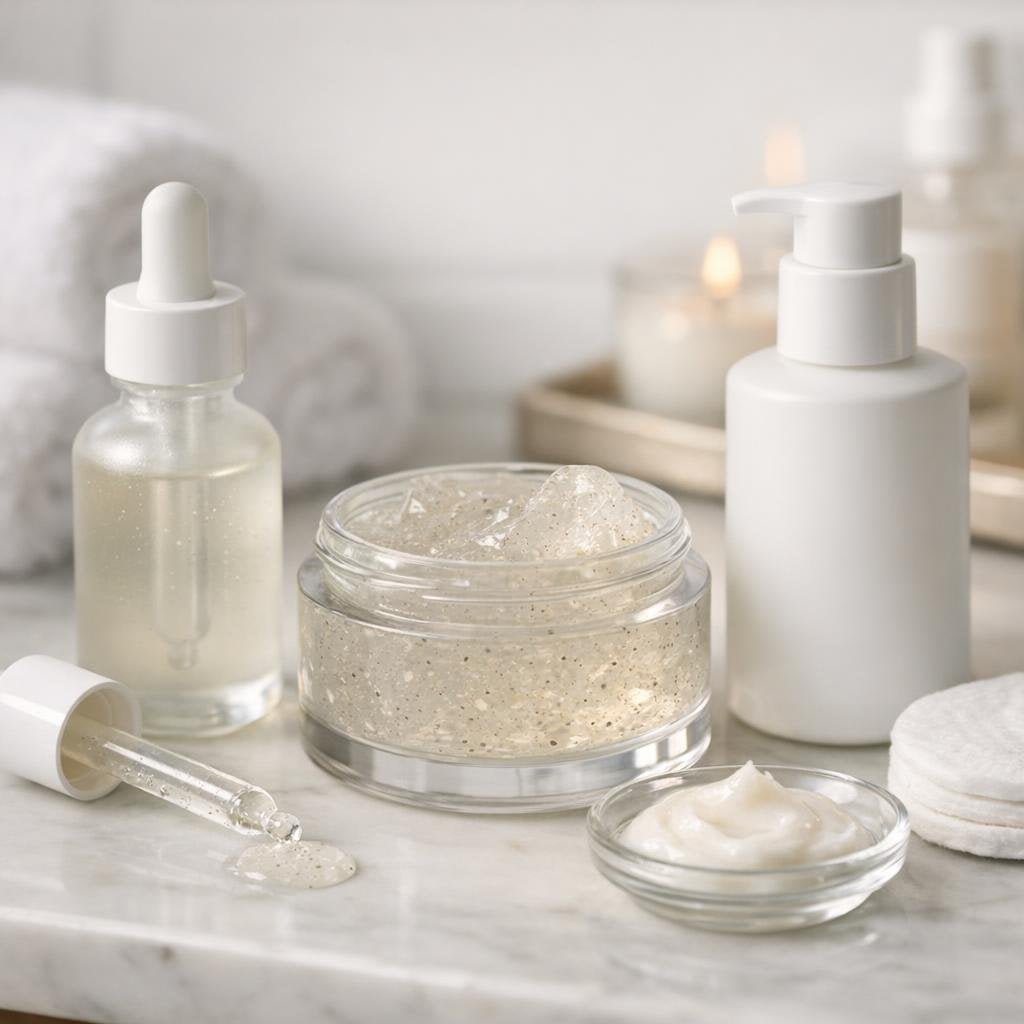 Assorted AHA, BHA, and PHA facial peel bottles