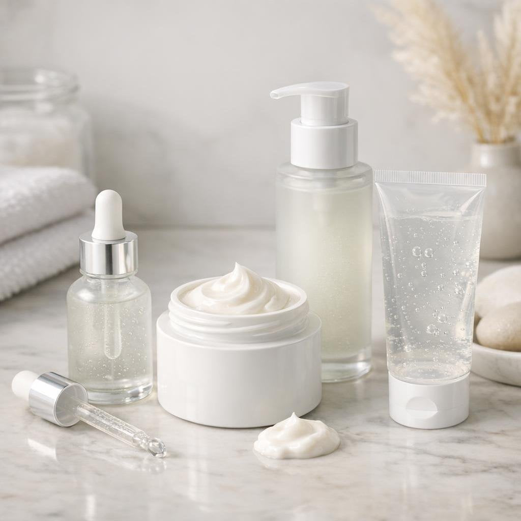 Facial skin care set with cleanser, serum, moisturizer, SPF