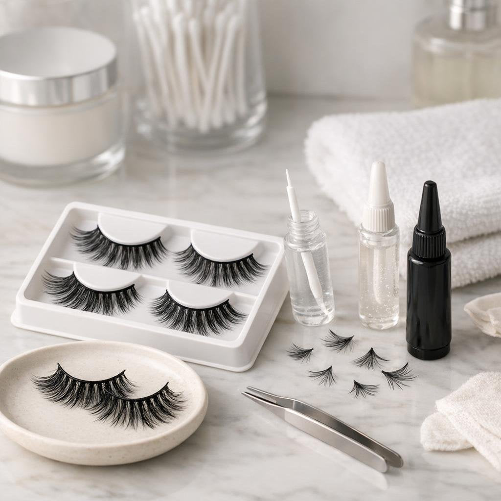 False eyelashes with eyelash adhesive for long wear