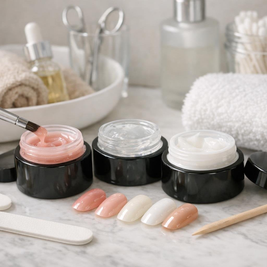 False nail gels with tips, forms, and tools