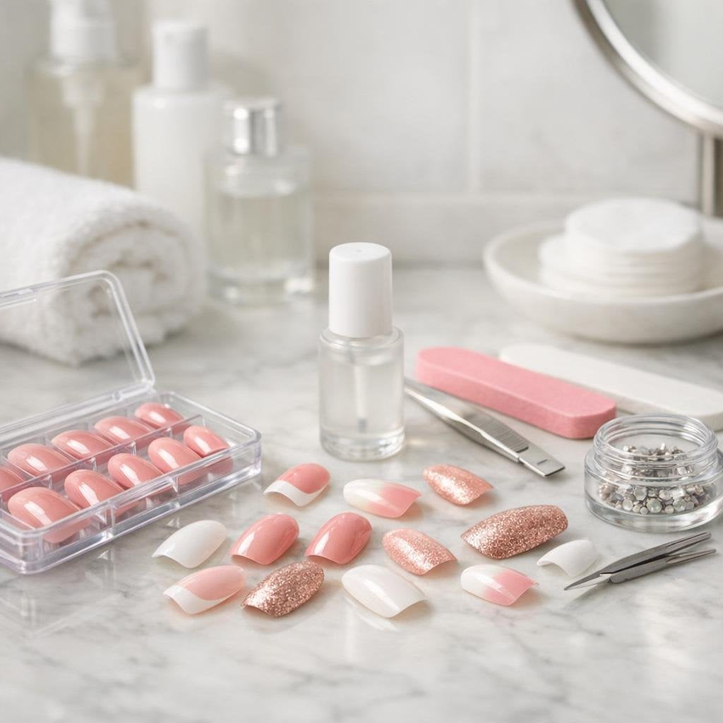 Press-on false nails with nail accessories and tools