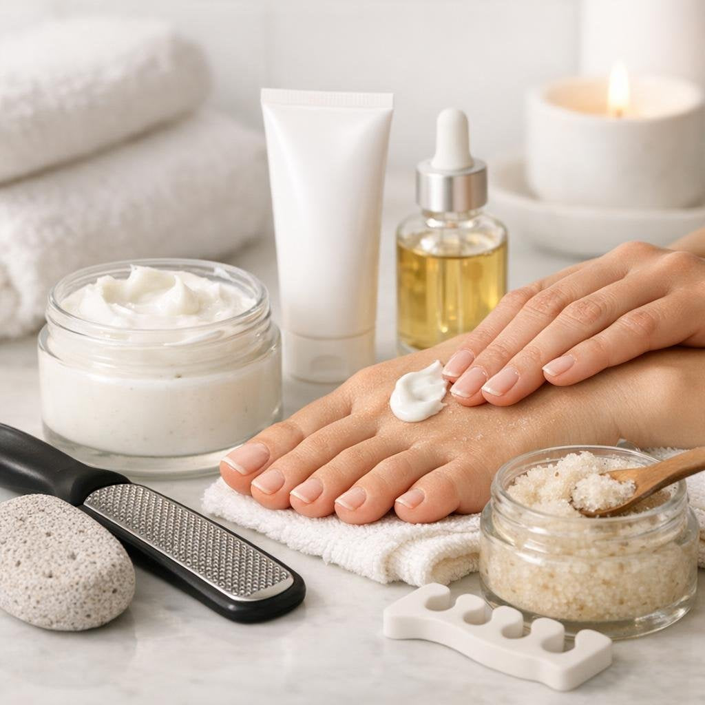 Foot and hand care creams, masks, and exfoliating tools