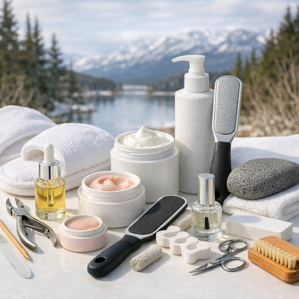 Assorted foot hand and nail care products on white