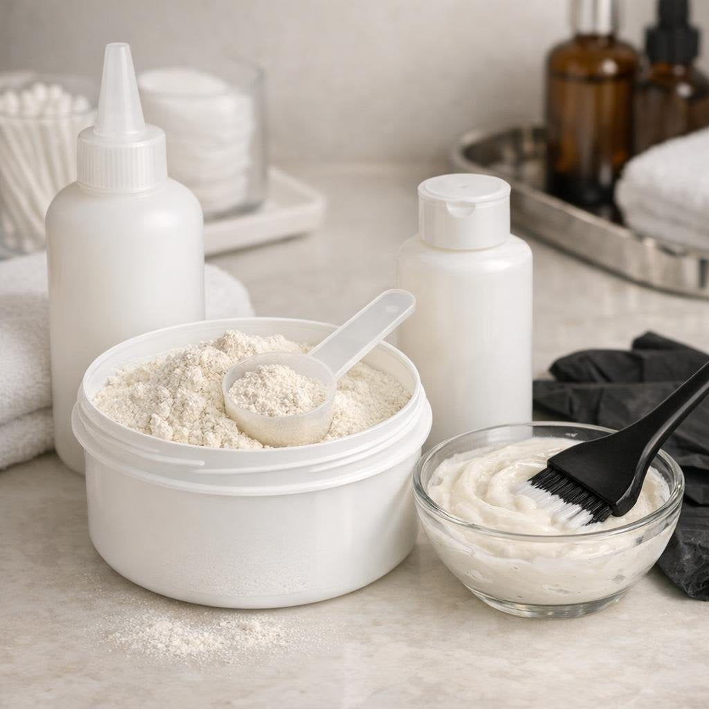 Hair bleach powder with mixing bowl and brush tools