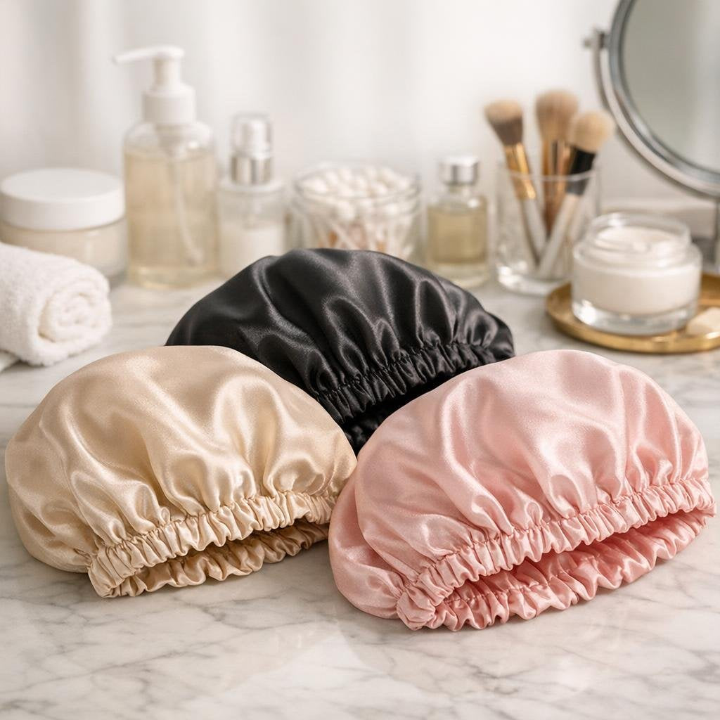 Black satin hair bonnet for overnight frizz control