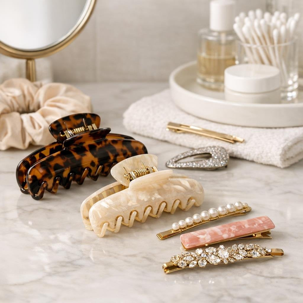 Assorted claw clips and sleek metal barrettes for daily styling