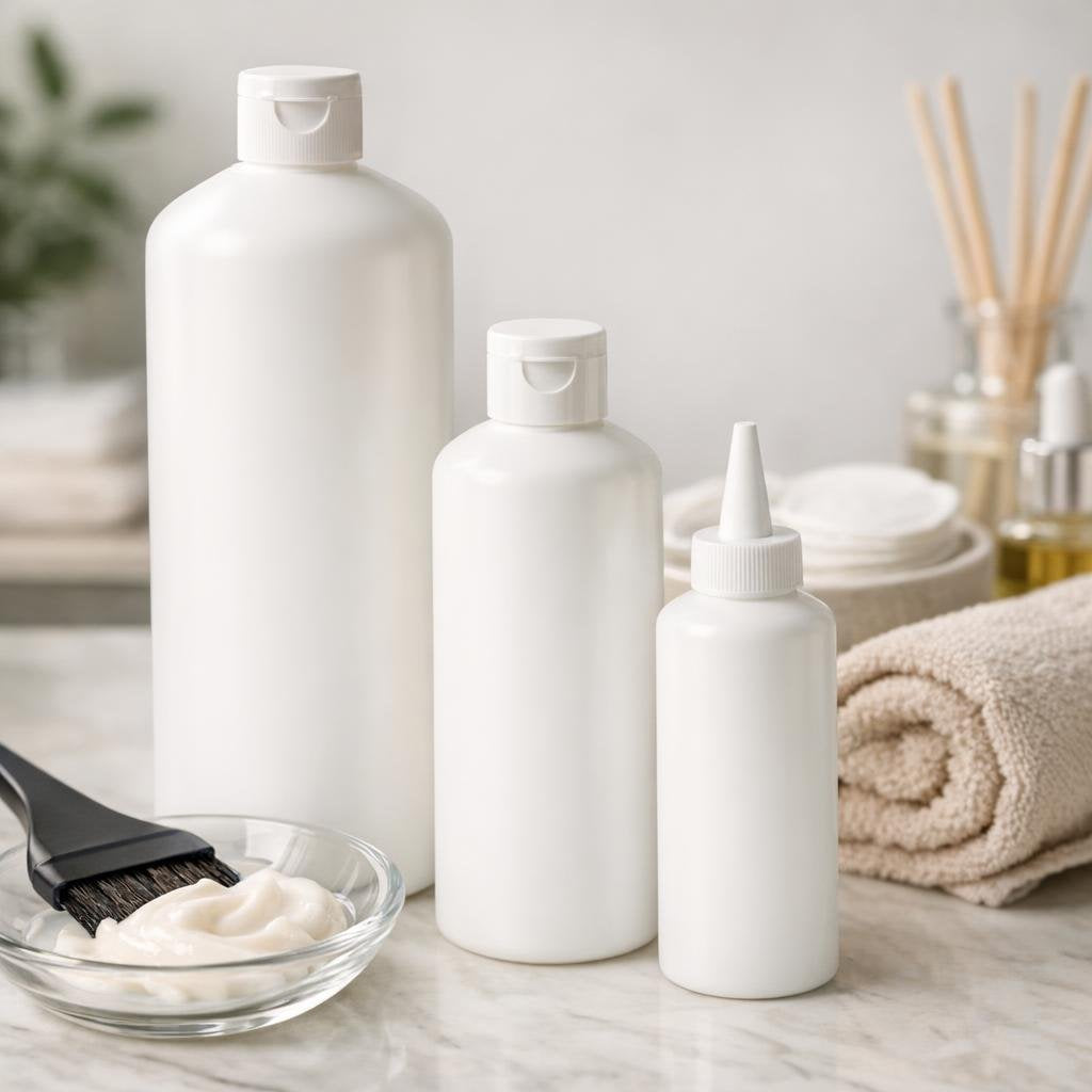 Assorted hair color developer bottles for salon mixing
