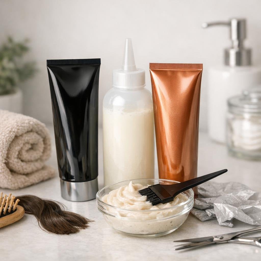 Professional hair color shades with toner and bleach essentials