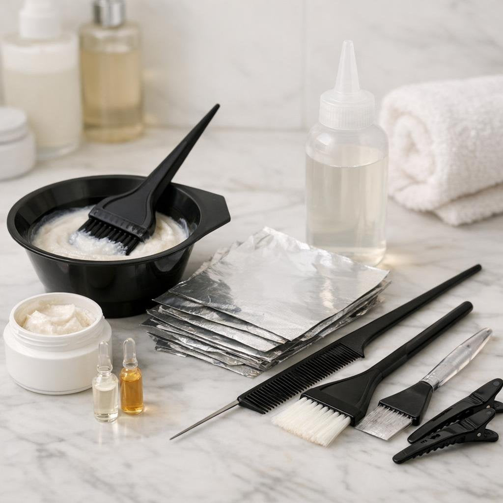 Tint brush, tail comb, and mixing bowl for hair colour