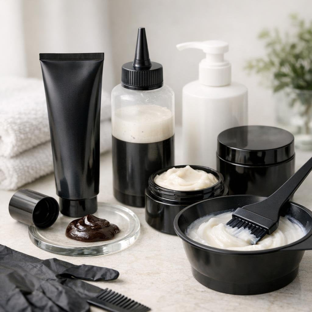 Professional hair colour tubes with bowls and applicators