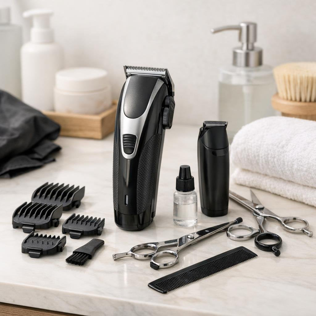Hair cutting kit with clippers, guards, comb and scissors