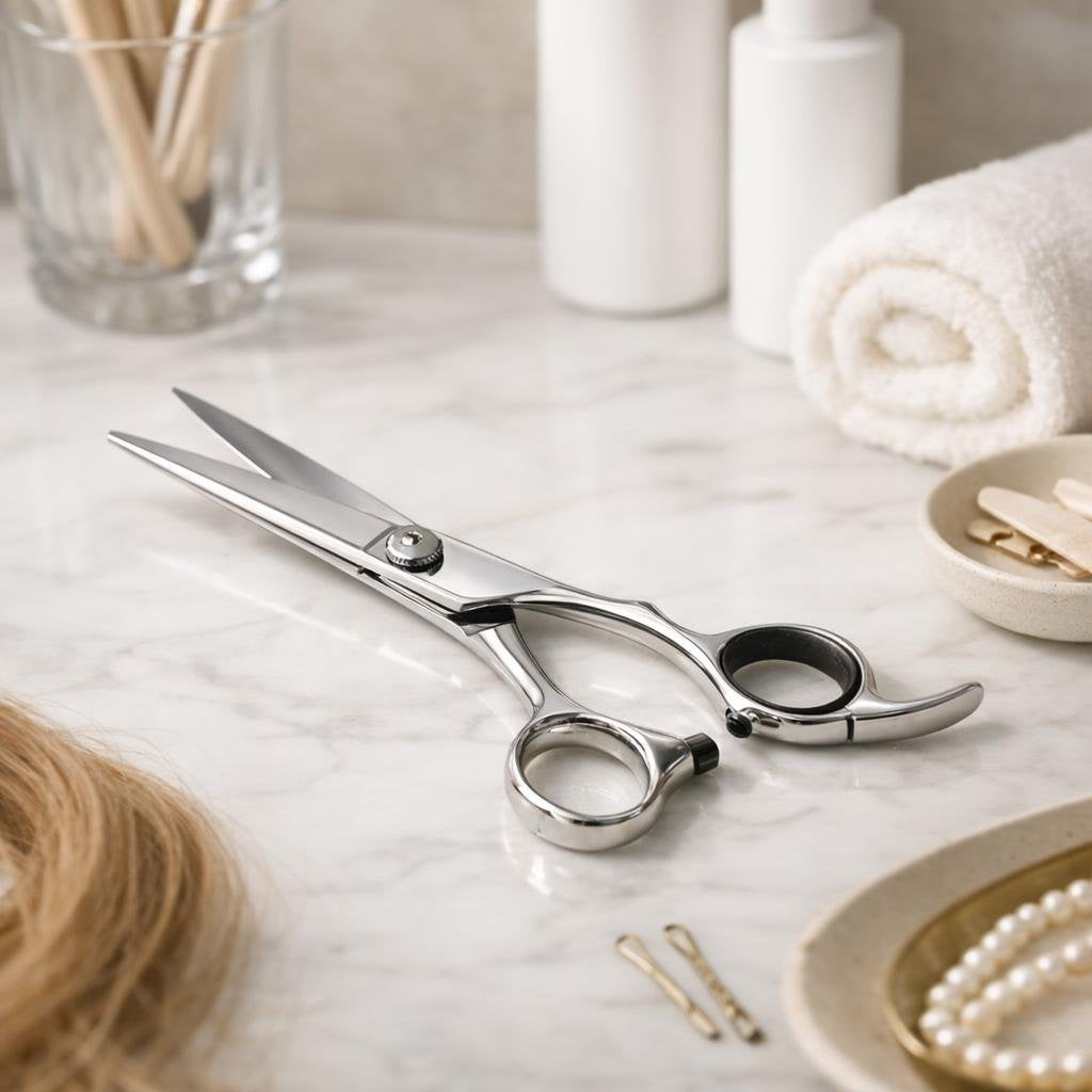 Professional stainless steel hair cutting shears on station